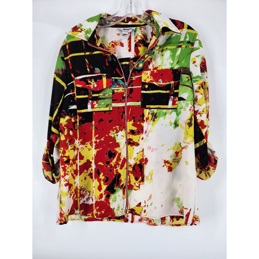 Tracy M Abstract Print Zipper‎ Front Button Pocket Utility Jacket Women's L